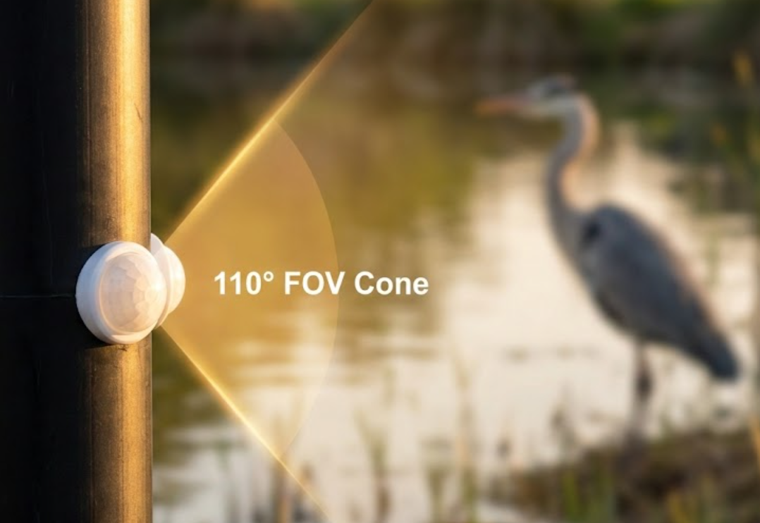 Close-up of the Caspian pond protector's central mast, featuring a PIR sensor with a 110-degree field of view tracking a heron.