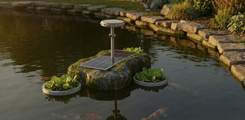 A serene koi pond protected by the Caspian floating pond protector