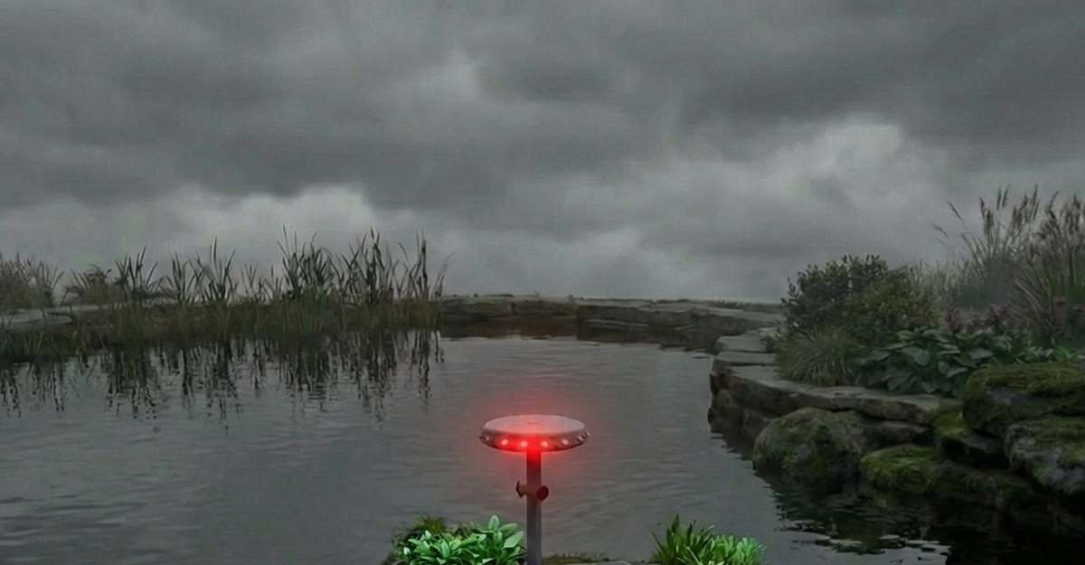 A wide-angle landscape photograph of the Caspian autonomous pond protector floating in a koi pond at dusk, showing its power-on status and a serene pond with no power cords.