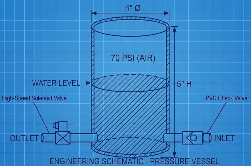 Blueprint schematic of the Caspian pond protector's hydraulic capacitor, showing a 70 PSI pressurized chamber with a high-speed solenoid valve for instant response.